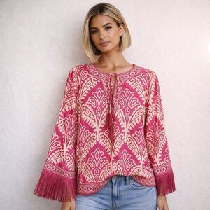 Flying Tomato Blouse Top M Damask Print Kimono Sleeve Tassel Fringe Boho